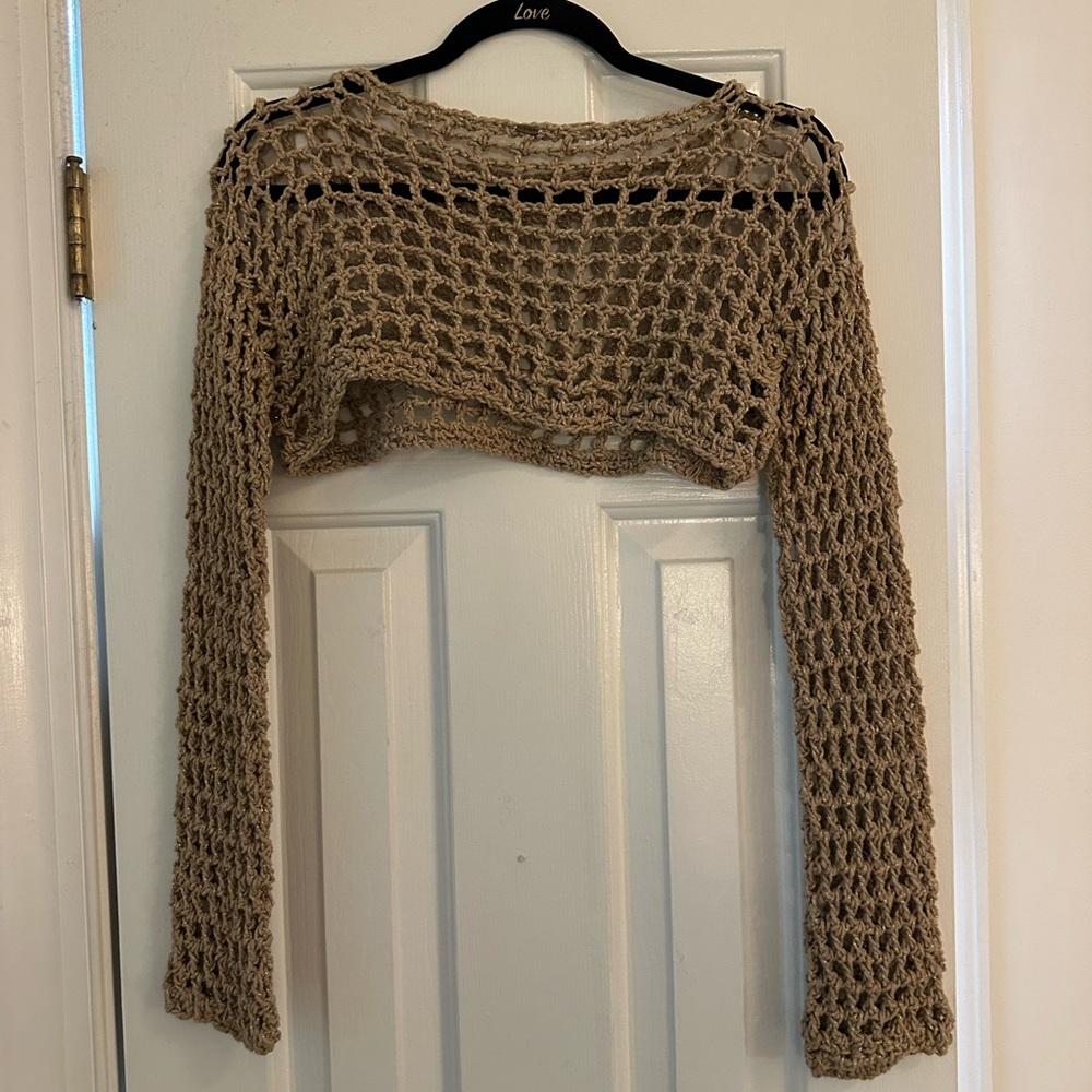 Crochet Open-Knit Long Sleeve Crop Top - Tan